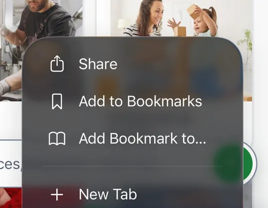 Safari on iPhone: the ••• menu is open and Share is at the top.